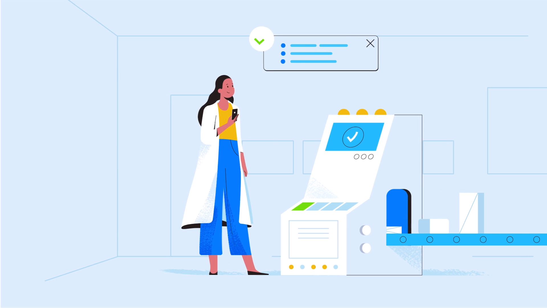 Illustration of woman in labcoat standing in front of a computer and converyor belt