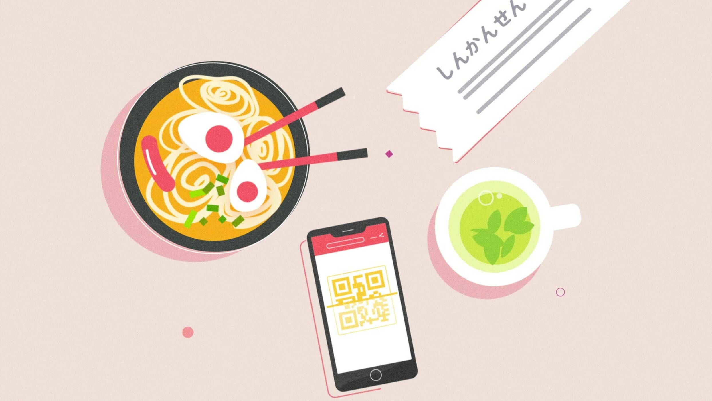 bowl of ramen, train ticket, cup of green tea and a phone with a QR code on it